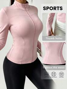 Fitted Elastic Fabric, Conservative Yet Fitted; Women's Stand Collar Zipper Sports Jacket With Thumb Hole. Pink - Pink - View 2