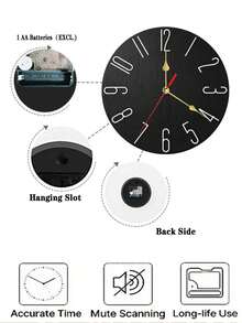 1pc Modern Silent Wall Clock, Japanese Quartz Movement, Black Round Frameless Design, Digital Display, Wooden, Silent No Ticking, Suitable For Living Room, Bedroom And Office Decor, Requires 1 AA Battery (Not Included) - 1PC - View 4