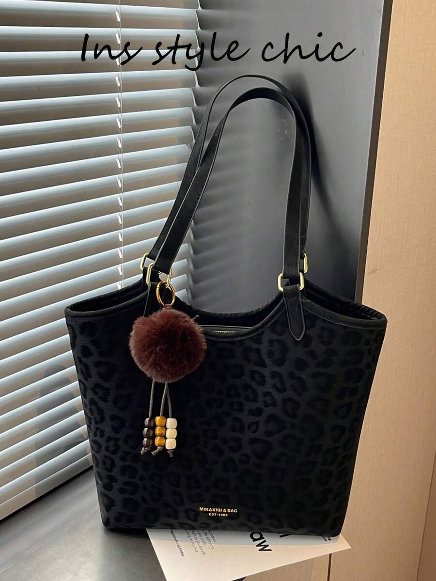Tote Bag With Dark Pattern Print, Pom Pom Charm, Beaded Accessories, Adjustable Handle And Shoulder Strap, Large Capacity, Atmospheric Tote Bag For Women, Versatile Bag Suitable For Daily Use, School, Work, Travel, Shopping, Commuting, Shoulder Large Bag - Black - View 1