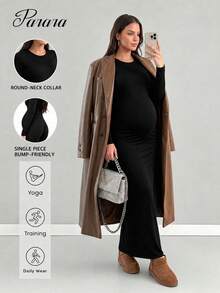Maternity Summer Solid Color Round Neck Long Sleeve Elegant Casual Dress Black - Black - View 2