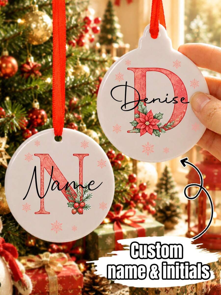 Custom Initial Christmas Ornament, Personalized Name Tree Decor, Festive Poinsettia Letter Design, Customized Holiday Hanging Decoration, Customizable Name Ornament, Christmas Tree Decor, Family Holiday Gift, Xmas Party Decor, Christmas Decoration - Style a - View 1