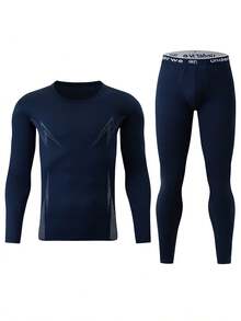 2pcs/Set Men's Thermal Underwear Set, Crew Neck Top + Pants, Winter Base Layer Tight Fit Innerwear - Navy Blue - View 3