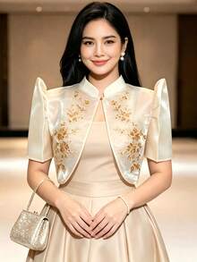 現代菲律賓風夏季女款時尚優雅刺繡泡泡袖短版上衣 - 香檳色 - 查看 1