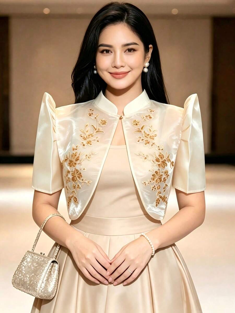 現代菲律賓風夏季女款時尚優雅刺繡泡泡袖短版上衣 - 香檳色 - 查看 1