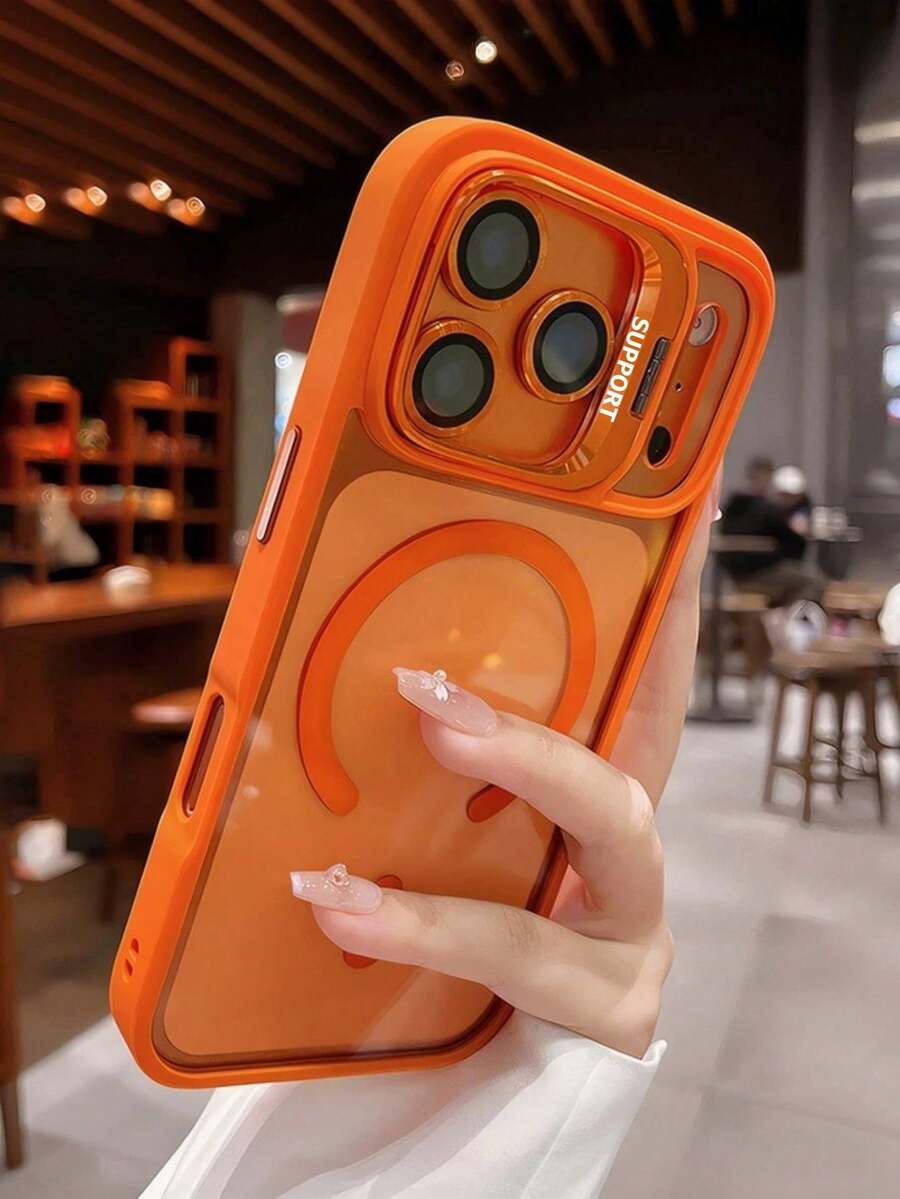 1件裝奢華鏡頭框磁吸手機殼,相容 iPhone 18 17 Pro Max 16 15 14 13 12 Pro Max Plus,支援無線充電,防震裝甲緩衝透明殼附鏡頭玻璃 - 亮橙色 - 查看 1