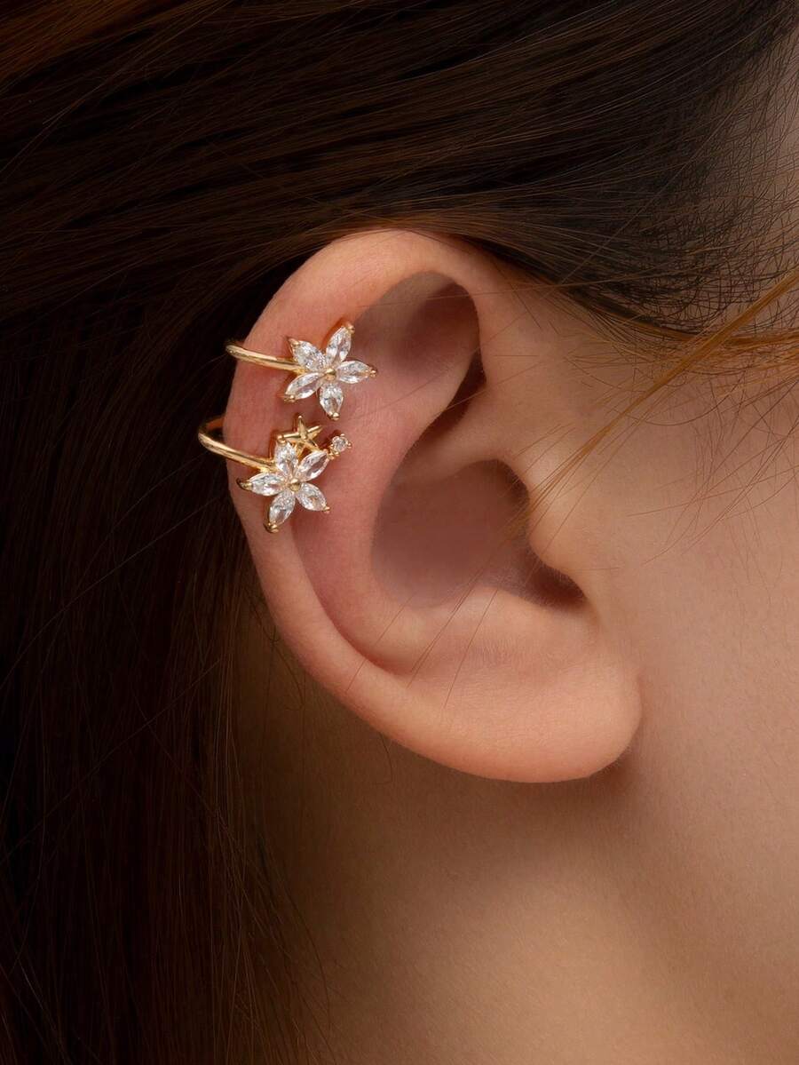 Anting Jepit Telinga Wanita Berhiaskan Batu Permata Berbentuk Bunga, Cocok untuk Pemakaian Sehari-hari - Emas - View 1