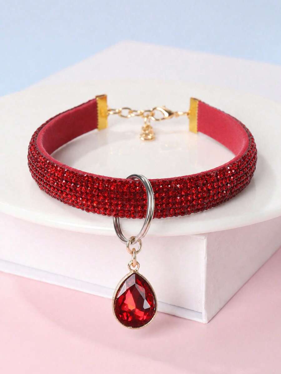 Luxury Rhinestone Red Pet Collar With Water Drop Pendant, Adjustable Fashion Shiny Pet Neck Collar, Suitable For Small And Medium Cats And Dogs Photo Accessory, Pet Supplies - Red - View 1