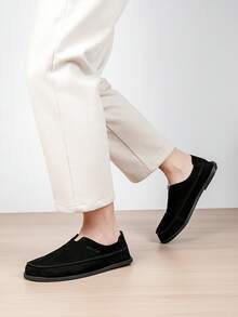 Plus Size Men's Colorblock Suede Loafers, Contrast Color Suede, Unique Minimalist Low-Top Design, Soft Foot Feel, 2 Colors Available - Black - View 7
