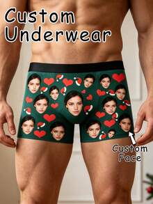 1件客製化臉部圖案男士四角內褲，個性化照片內衣，趣味聖誕禮物，送給男友/丈夫的獨特聖誕禮物 - 墨綠色 - 查看 2
