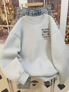 Niche Ocean Style Fish School & Lemon Back Print Sweatshirt, Minimalist Vintage Loose Drop Shoulder Crew Neck Women's Autumn Top - Light Grey - View 3