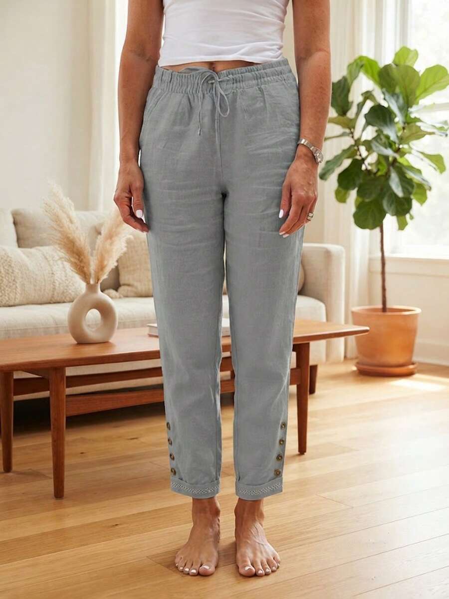 Jisfaneya Plus Size Solid Color Drawstring Waist Lace Trim Linen Blend Casual Straight Leg Capri Pants, Spring/Summer - Light Grey - View 1