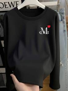 極簡風小 Logo 愛心字母印花修身黑色長袖短版 T-shirt 女款，百搭秋季穿搭 - 黑色 - 查看 5