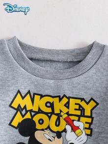 2pcs Disney Autumn Baby Boy Fleece Mickey Letter Print Cute Long Sleeve Ribbed Sweatshirt Grey Stitch Sweatpants Set Cartoon Pattern Slight Elastic Suitable For Infants Newborns Daily Wear Spring Gift - Grey - View 3