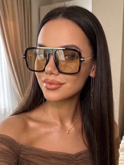 1 Pair Women's Black Square Frame Metal Thin Leg Personalized Retro Fashion Glasses