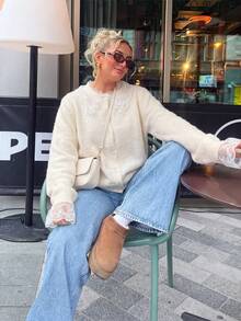 Women's Lace Collar Knit Cardigan, Round Neck Front Button Sweater Jacket, Suitable For Thanksgiving And Christmas Outfits - White - View 2