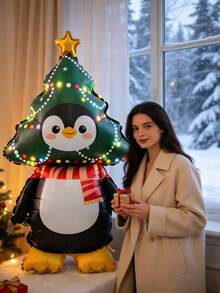 1pc Standing Matte Penguin Tree Aluminum Foil Balloon, Suitable For Christmas Party, Family Gathering, Home Decor, Also Can Be Used As Photo Prop - Standing Matte Penguin Tree 1pc - View 4