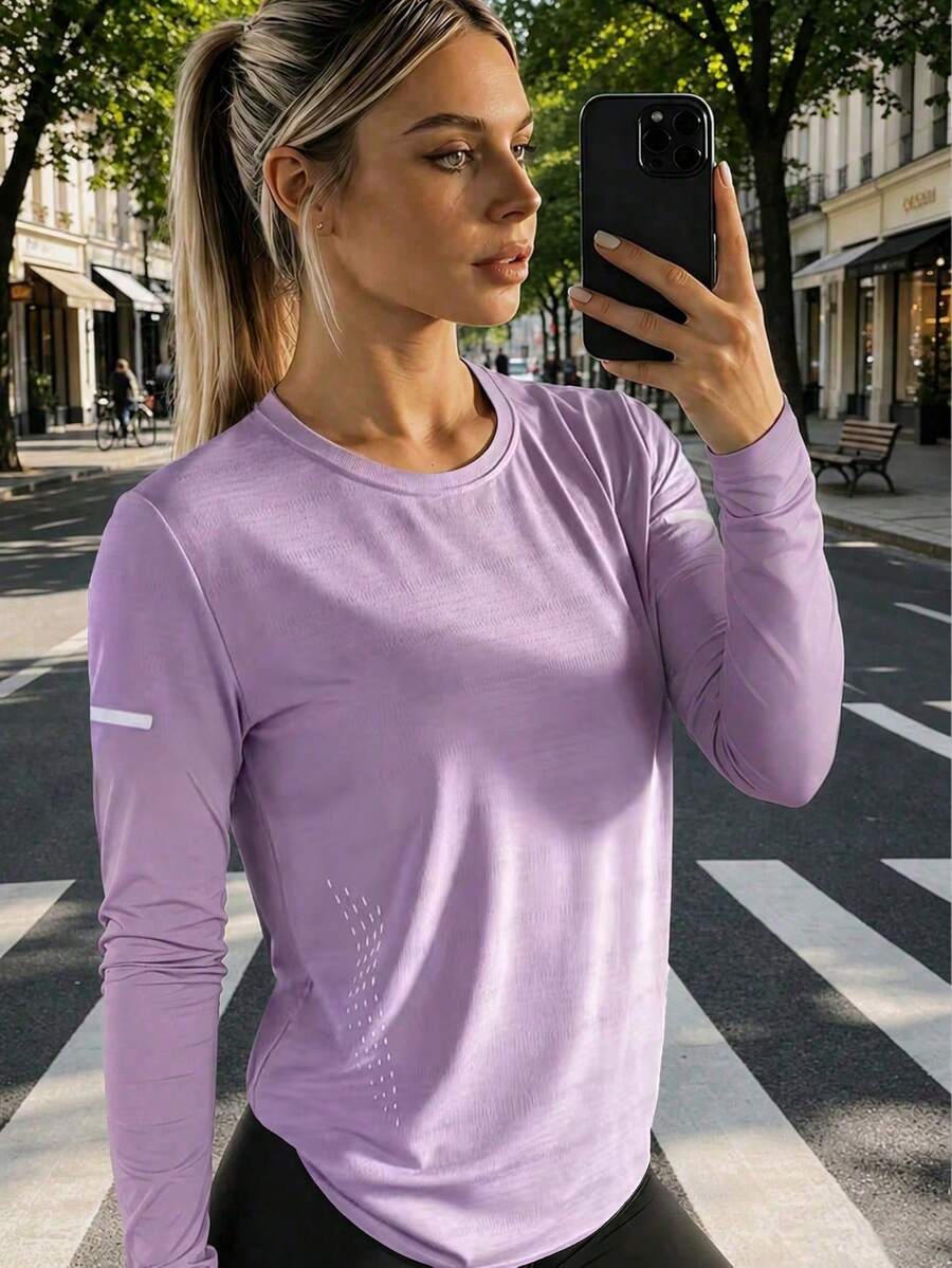 Women's Mesh Breathable Long Sleeve Slim Fit Elastic Outdoor Sun Protection Sports Running Set, Versatile And Comfortable - Lilac Purple - View 1