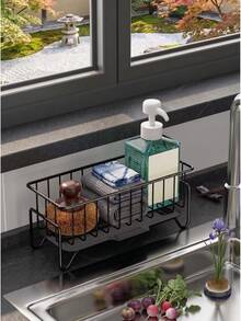 Kitchen Sink Sponge Holder, Metal Sink Storage Rack With Drainage Tray, Faucet Mounted And Countertop Mounted Sponge Brush Soap Storage Rack, Kitchen Sink Storage Basket Sponge Brush Holder With Drainage Tray Sink Rack - Multicolor - View 3