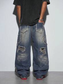 Modcrash Japanese Street Art Spliced Men Jeans, Retro Ripped Wide Leg Pants, Loose Casual All Season Wear (No Belt & Accessories) Fall/Autumn/Winter - Blue - View 2