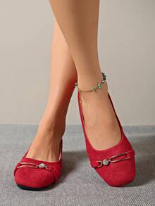 Women's Vintage Red Suede Square Toe Flat Shoes, Rhinestone Metal Decor, Slip-On, Soft Sole Lightweight Comfortable, Suitable For Wedding, Date, Daily Wear - Red - View 4