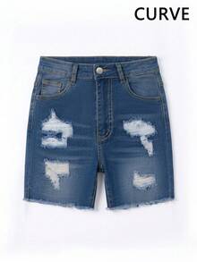 Plus Size Tight-Fitting Bodycon Ultra Short Denim Hot Pants, Sexy Casual Versatile For Summer - Medium Wash - View 5