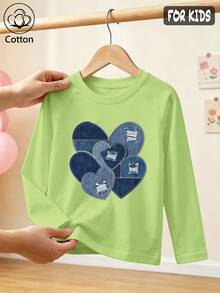 Girls Cotton Raglan Long Sleeve T-Shirt, Autumn Winter Denim Style With Heart Print And Ripped Patchwork, Sweet Preppy Cute Style - Fruit Green - View 1