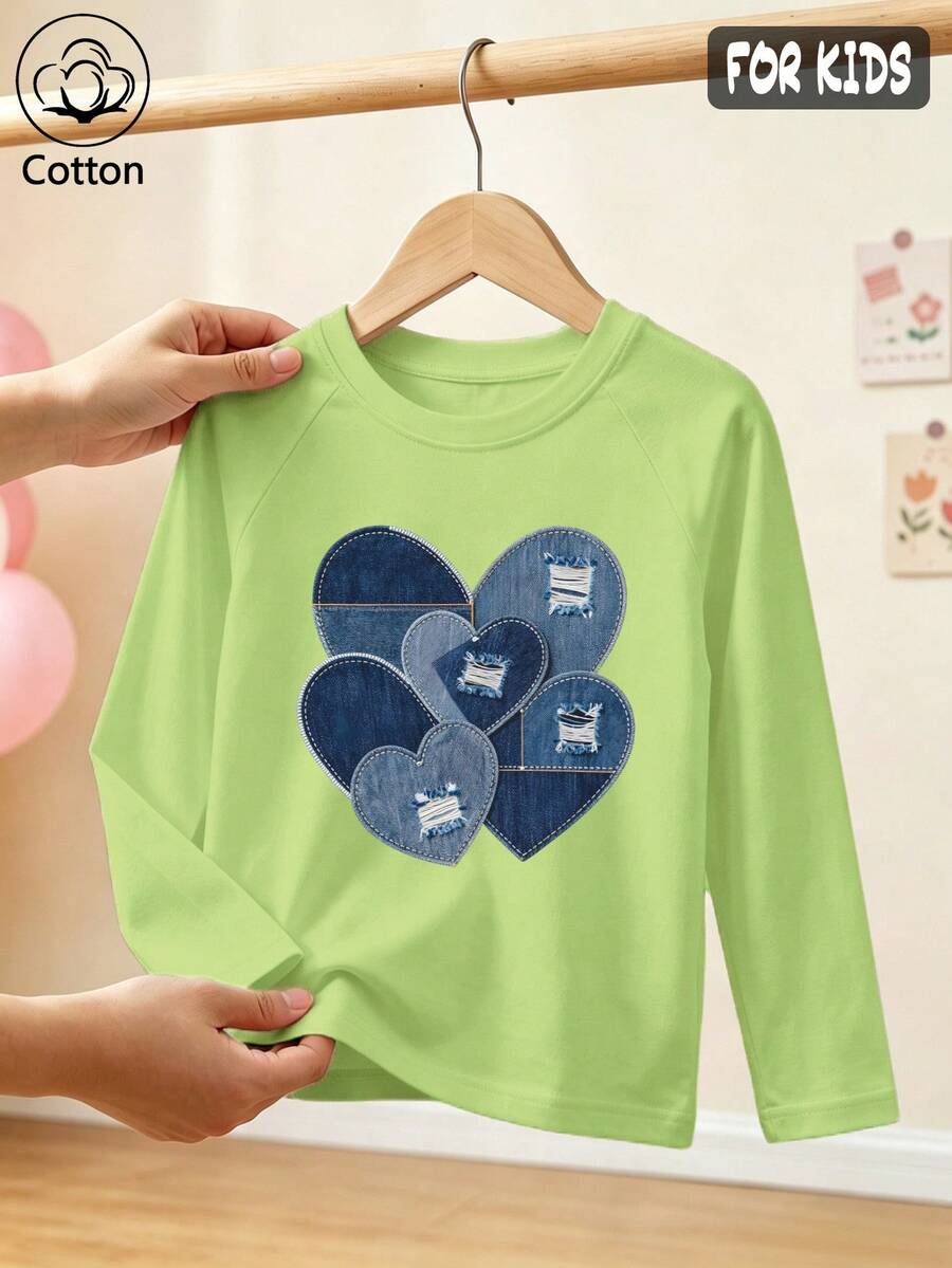 Girls Cotton Raglan Long Sleeve T-Shirt, Autumn Winter Denim Style With Heart Print And Ripped Patchwork, Sweet Preppy Cute Style - Fruit Green - View 1
