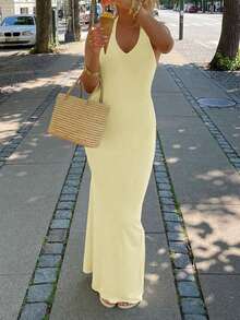 Vaiaye Women's Summer Solid Color Slim Fit Deep V-Neck Ruffle Backless Maxi Dress, Knitted High Elastic Minimalist Elegant Sleeveless Long Yellow - Yellow - View 5