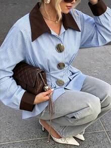 Blue Striped Colorblock Collar Shirt, Cinched Waist Gold Button Top, Elegant Commuter Wear - Blue and White - View 2