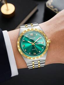 Men's Premium Gold-Tone Alloy Band Watch, Roman Numeral Rhinestone Dial With Date Display, Business Casual Versatile Quartz Wristwatch (1pc/Set) Watch Box Not Included - Multicolor - View 2