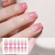 Semi-Cured Gel Nail Stickers, Soft Translucent Smoky Pink With Gold Foil And Glitter Design Full Coverage Nail Wraps, High Gloss Finish, Long-Lasting Wear, Protects Natural Nails, Suitable For Daily Commute, Date, Vacation, Afternoon Tea, Wedding - Watermelon Pink - View 11