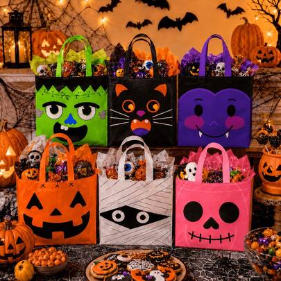 Halloween Reusable Non-Woven Fabric Gift Bags, 6 Cartoon Monster Designs With Handles, Halloween Gift Tote Bags Suitable For Halloween Party Gift Bags, Halloween Decorations, Birthday Party Supplies