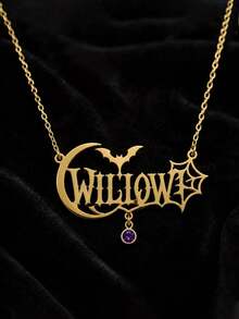 Personalized Gothic Custom Name Necklace, Halloween Bat & Moon Pendant, Customized Birthstone Gift - Multicolor - View 5