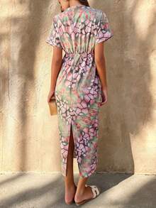 Women's Random Geometric Print Twist Design V-Neck Short Sleeve Elegant Dress - Purple - View 4