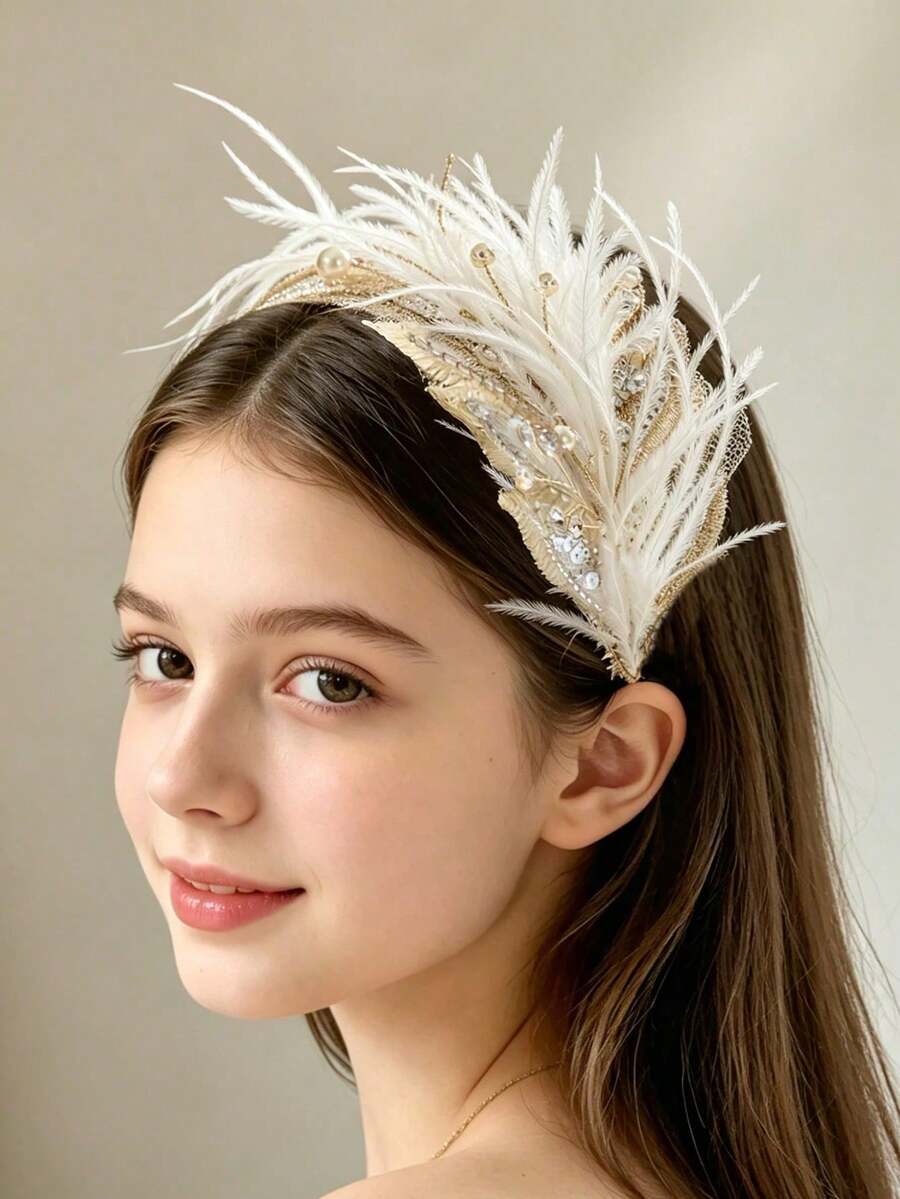 1 pieza Diadema elegante con plumas 3D para niños Accesorio para el cabello Pinza para el cabello de cumpleaños Tocado para niñas Actuación en escenario Regalo accesorio - Champán - Ver 1