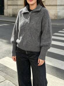 Women's Casual Regular Fit Dark Gray Notch Lapel Dropped Shoulder Metal Button Half-Placket Knit Sweater, Solid Color Top, Suitable For Social Outings, Autumn/Winter - Dark Grey - View 6