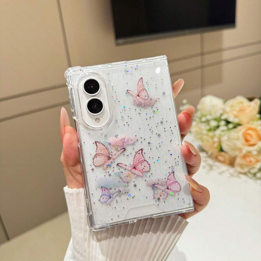 Cute Pink Butterfly Pattern Glitter Transparent Phone Case, Compatible With Samsung Galaxy Z Fold8 Wide Fold8 Back Cover - Pink - View 1