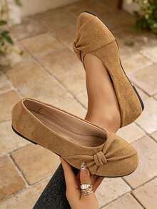 New All-Season Vintage Khaki Knot Decor Shallow Flat Ballet Shoes For Women, Soft Round Toe, Versatile Soft Sole Daily Commute And Travel Shoes - Khaki - View 2