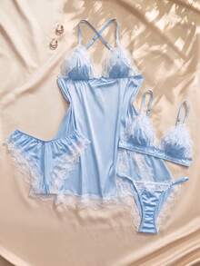 Charlaine 4-Piece Set: Floral Lace And Satin Camisole Bra Briefs Shorts And Camisole Nightdress-Autumn/Winter Loungewear Comfortable And Romantic - Baby Blue - View 18