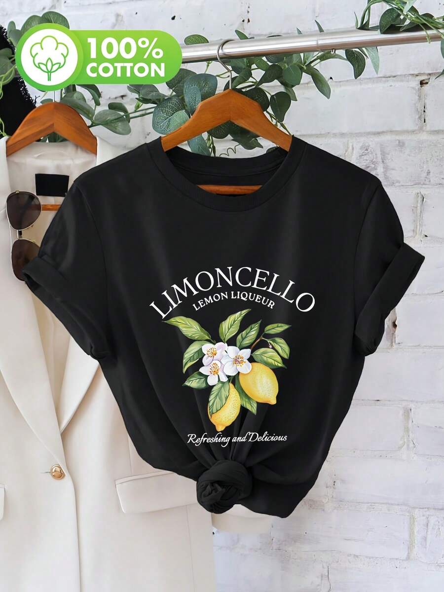 Women's Clothing, Soft Round Neck Short-Sleeved T-Shirt With Graphic Print For Spring And Summer - Black - View 1