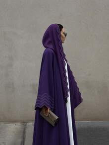 Hafizah Women's Striped Embroidered Robe & Headscarf 2 Pieces Set - Violet Purple - View 4