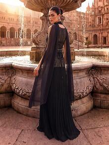 Women's Elegant Romantic Charming Round Neck Formal Evening Gown, Mesh & Sequin Patchwork, Suitable For Ball, Wedding Guest, Cocktail Party, Grand Banquet - Black - View 3