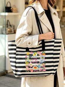 Large-Capacity, Retro-Style Tote Bag Featuring Stripes And Cute Letter Prints-Perfect For Women And An Excellent Gift Choice. - Multicolor - View 2
