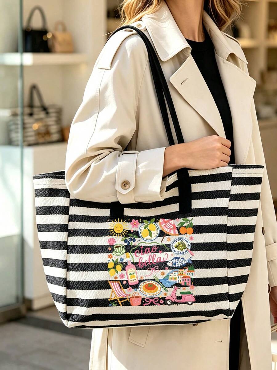 Large-Capacity, Retro-Style Tote Bag Featuring Stripes And Cute Letter Prints-Perfect For Women And An Excellent Gift Choice. - Multicolor - View 1