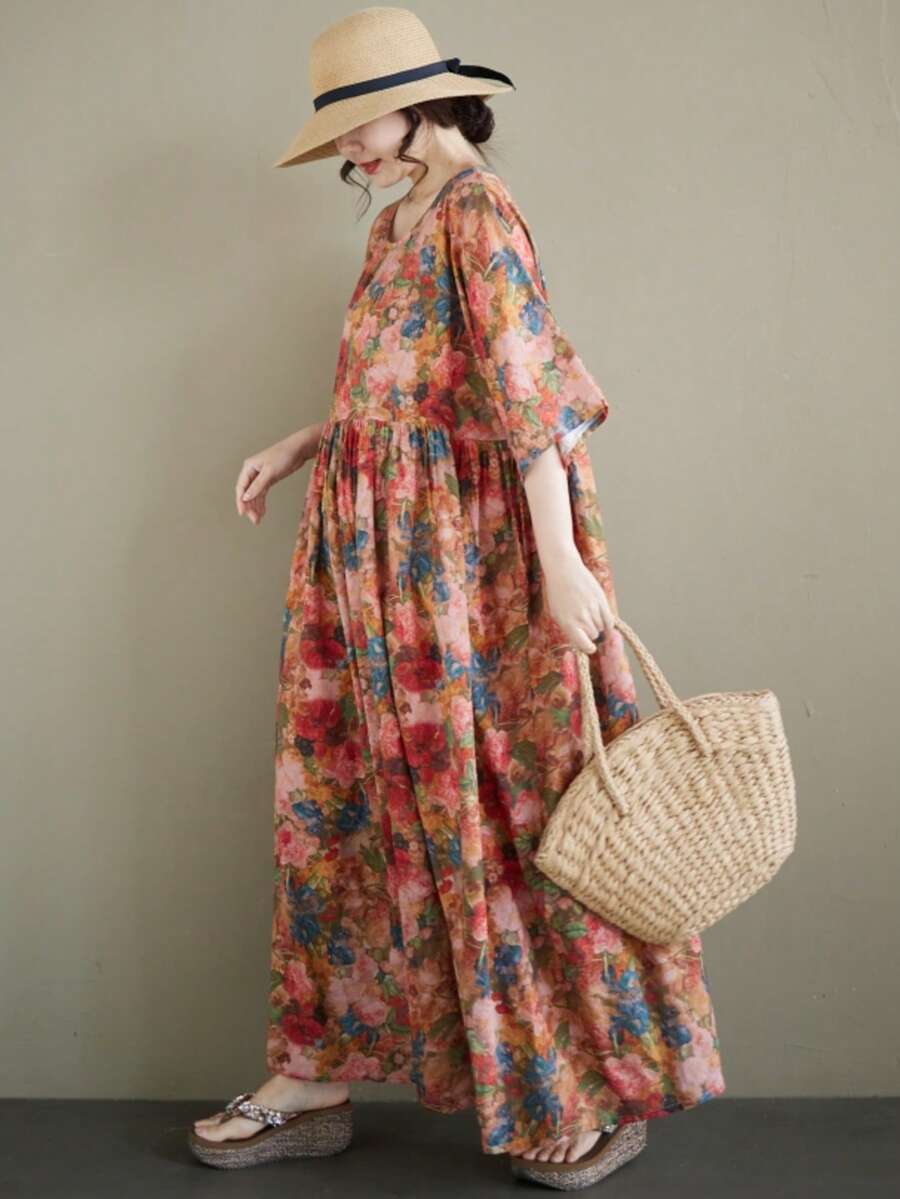 AZAH Halloween Elegant Ball Bohemian Floral Plus Size Dress, A-Line Batwing Short Sleeve Round Neck With Pockets, Vacation Essential - Multicolor - View 1