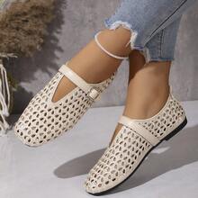 Summer New Fashion Women's Mary Jane Shoes, Buckle Square Toe Soft Sole Hollow Breathable Embroidered Low-Top Shoes - Beige - View 8