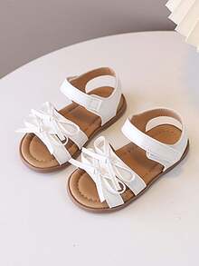 1 Pair Girls' Summer Double Bow Sandals With Hook-And-Loop Buckle, Soft Sole, Non-Slip, Princess Style Open Toe Beach Shoes - Beige - View 4