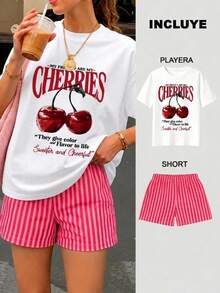 Women Two-Piece Outfits - 2 Playera Blanca con Short Rayas Rojo con Rosa - View 1
