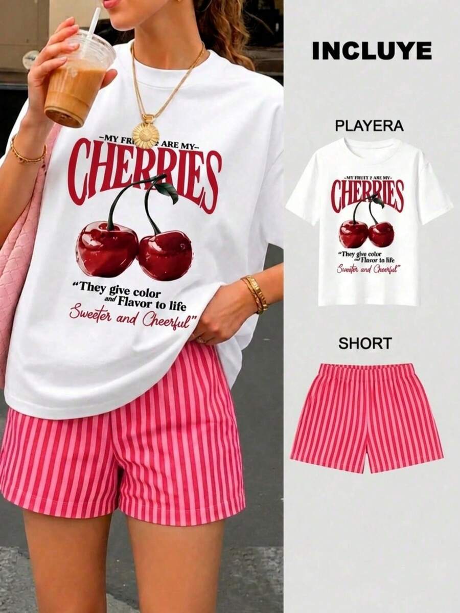 Women Two-Piece Outfits - 2 Playera Blanca con Short Rayas Rojo con Rosa - View 1