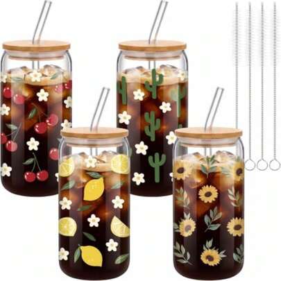 Juego de 4 tazas de vidrio lindas, tazas de café helado de 16 oz con tapas de bambú, pajitas y cepillo, diseño floral de cereza, limón, cactus y girasol, regalo para mujeres, niñas, amigas, damas de honor, cumpleaños y bodas